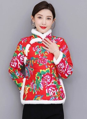 东北花大花新款斜襟棉衣过年拜年服洋气加绒加厚保暖时尚冬装棉袄