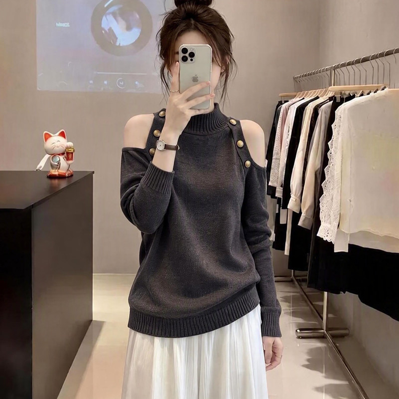 大码女士气质半高领灰色针织衫2026秋冬季胖mm超好看露肩显瘦毛衣