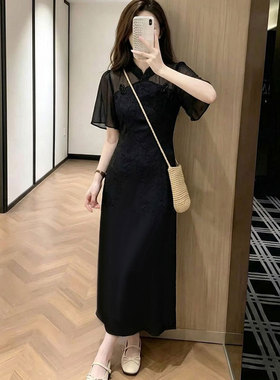 大码法式气质黑色连衣裙2026夏季女装胖mm新中式改良旗袍中长裙子