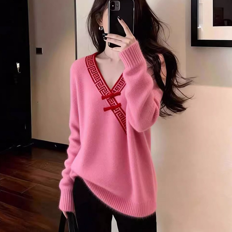 2025秋冬韩版慵懒风微胖mm软糯粉色毛衣大码女装洋气显瘦套头小衫,女装/女士精品,毛衣,淘宝优惠券,粉丝福利购,淘宝优惠卷