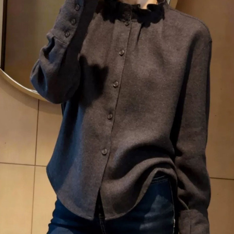 气质宽松立领大码女装衬衫春季韩版胖mm木耳边超好看显瘦长袖衬衣