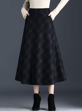 格纹松紧腰大码毛呢半身裙2025秋冬法式气质胖mm淑女显瘦a字裙子