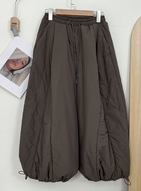 韩版巨显瘦夹棉设计感束脚阔腿裤秋冬松紧腰抽绳胖mm遮跨休闲裤子