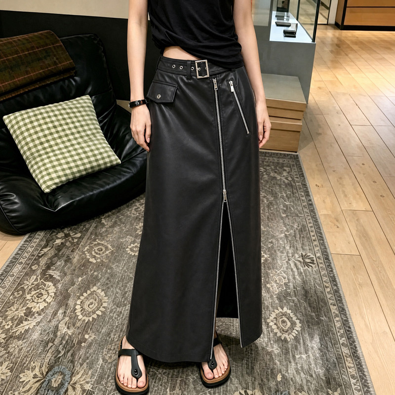 时尚复古黑色PU皮半身裙女2026秋冬大码胖MM气质拉链高腰显瘦长裙