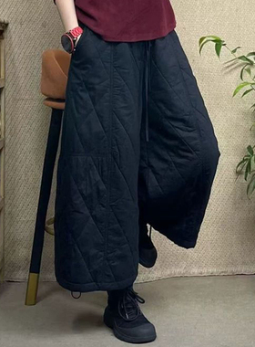 黑色外穿大码松紧腰菱格保暖棉裤2025冬装胖MM梨形身材显瘦阔腿裤