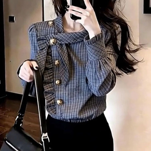 复古风微胖mm木耳边格纹衬衫2026春季新款大码女装遮肚子显瘦上衣