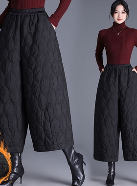 黑色外穿大码女士松紧腰保暖夹棉裤冬季微胖mm宽松遮胯显瘦阔腿裤