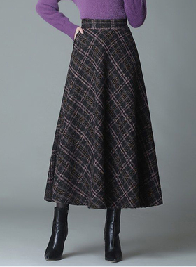 毛呢高腰格纹a字半身裙2025秋冬大码女装胖mm显瘦减龄气质大摆裙