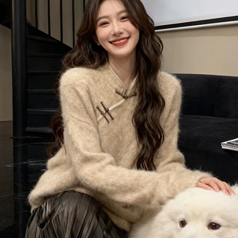 巨好看中式盘扣大码立领减龄毛衣女秋冬季微胖MM气质显瘦宽松上衣,女装/女士精品,大码内搭,淘宝优惠券,粉丝福利购,淘宝优惠卷