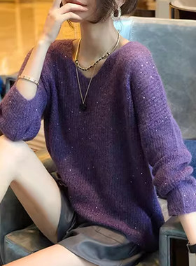 紫色v领亮片套头宽松胖mm别致针织衫秋冬大码女装百搭慵懒风毛衣