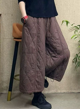 时尚百搭菱格大码松紧腰休闲裤女2025冬装微胖mm遮胯显瘦保暖棉裤