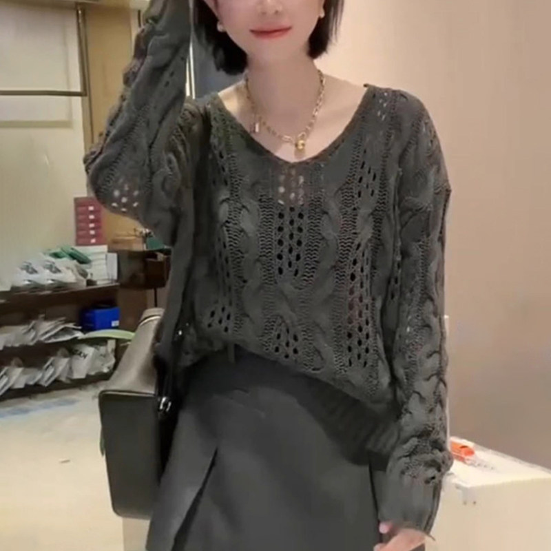 麻花镂空微透套头大码针织衫女秋冬装胖mm宽松显瘦慵懒风百搭毛衣