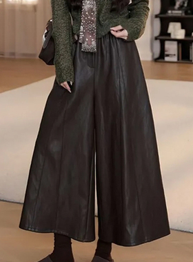 咖色胖mm显瘦百搭阔腿PU皮裤女2025秋冬装大码宽松百搭高腰九分裤