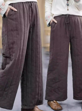 时尚百搭大码黑色外穿夹棉裤2025冬季复古微胖mm松紧腰抽绳休闲裤