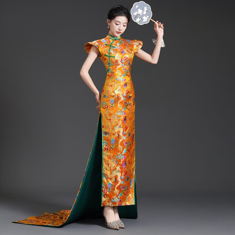 高端中式改良旗袍拖尾走秀演出服2024新款晚礼服模特年会主持服