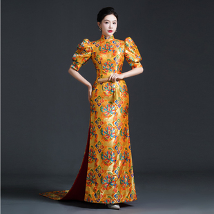 中国风高端宴会晚礼服模特走秀演出服长款 显瘦拖尾主持人气质旗袍