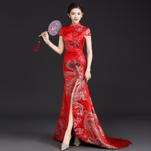 中国风改良旗袍长款 显瘦晚礼服模特走秀演出服鱼尾 拖尾龙纹修身