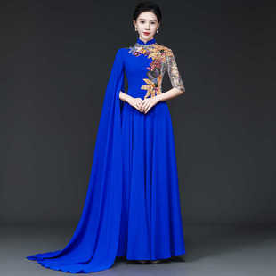 2024新中国风高端宴会晚礼服走秀旗袍长款修身显瘦舞台演出服蓝色