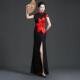 高端优雅鱼尾开叉中国风宴会晚礼服长款 黑色模特走秀演出服大红花