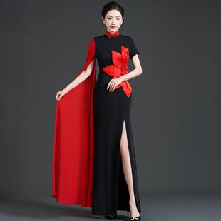 黑色高端优雅宴会晚礼服长款鱼尾开叉2024年新款模特队走秀演出服