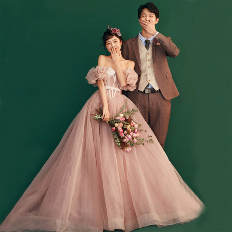 影楼主题彩纱抹胸束腰性感时尚露背礼服泡袖轻柔公主范气质婚纱森