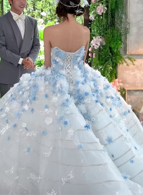 影楼主题新款蓝色花朵抹胸花神礼服裙法式高级感拖尾轻奢唯美婚纱