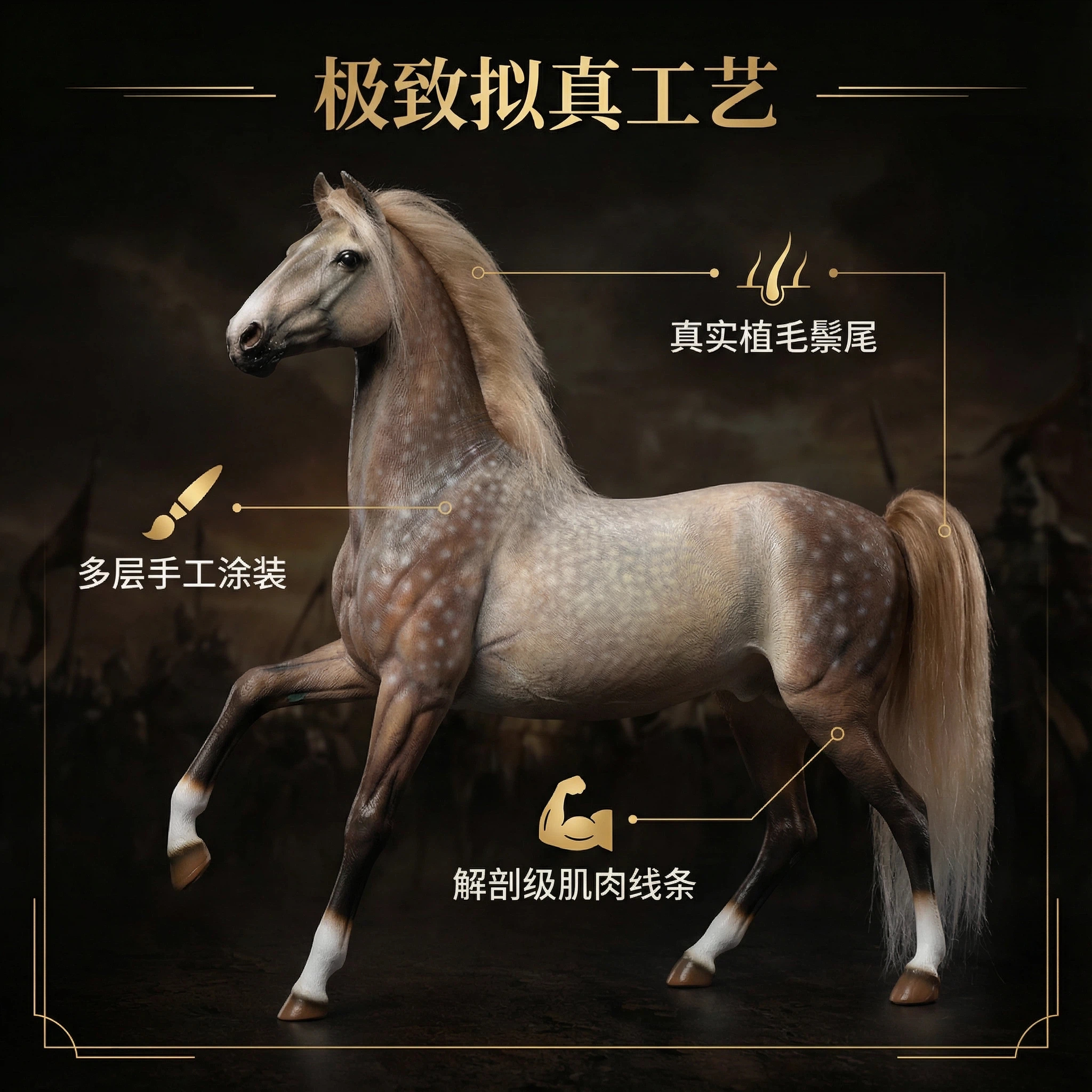 MRZ模型工作室1/6比例大宛马2.0仿真马模型收藏品发财办公室摆件