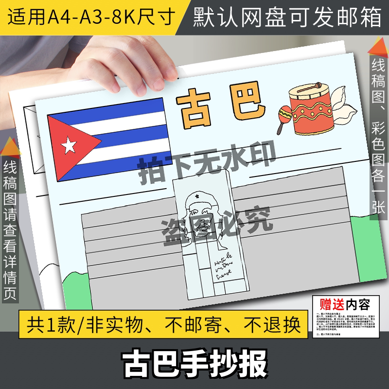 国外旅游古巴介绍英语电子小报word手抄报模板线稿涂色画报素材