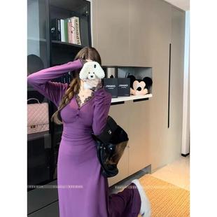 修身 御姐蕾丝边紫色连衣裙女冬季 加绒内搭包臀裙长裙 法式 2025新款