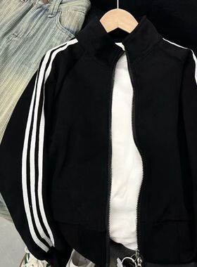 防晒美式新款三条秋季立领长袖拉链卫衣运动开衫黑色休闲短款上衣
