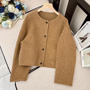 24年新款 欧洲站双面羊毛呢外套女上衣小香风羊绒短大衣单排扣圆领