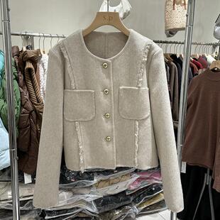 秋冬款小香风拉毛工艺羊毛短外套韩版单排扣女士圆领双面羊绒大衣