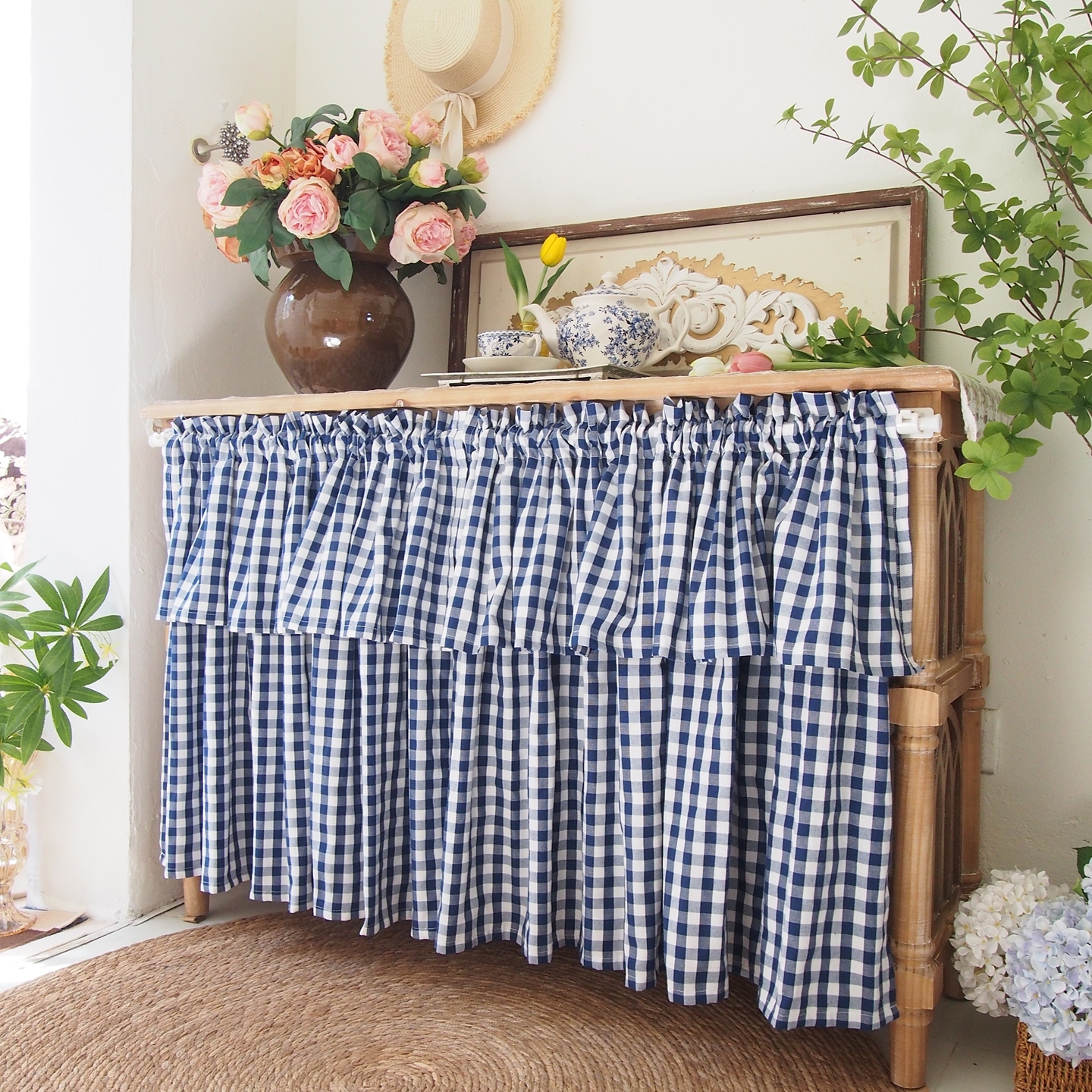 软装氛围家居美式乡村复古蓝格子短帘咖啡帘厨房窗帘半帘