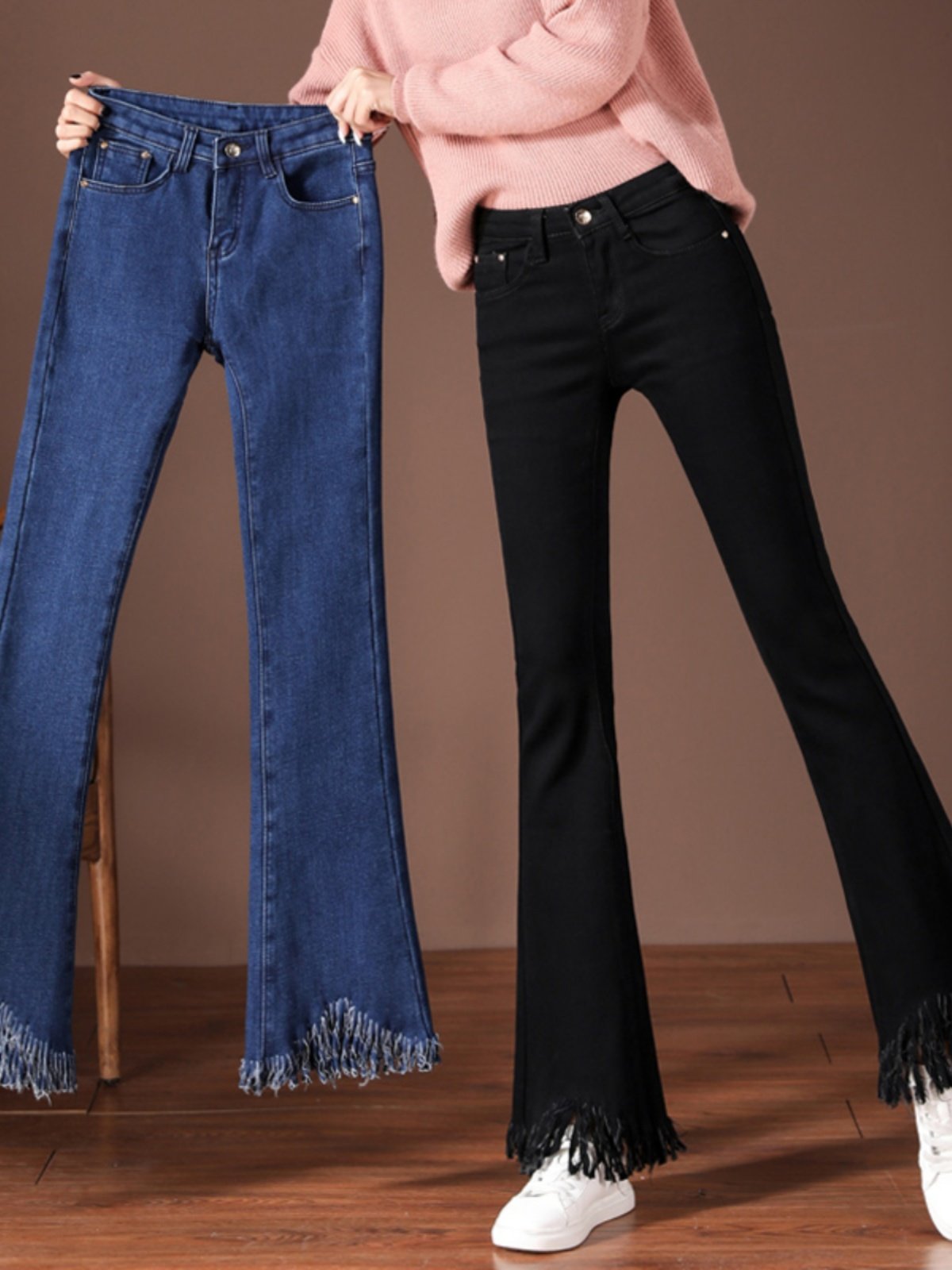 FLEECE MICRO FLARED JEANS WOMENS AUTUMN AND WINTER STRETCH HIGH-WAISTED SMALL BLACK SLIT EIGHT OR NINE POINTS WIDE-LEG PANTS ARE HIGH