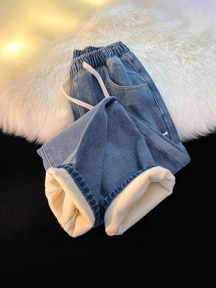 FLEECE THICKENED STRAIGHT LEG JEANS WOMENS WINTER 2024 NEW SMALL MAN WIDE LEG COTTON ELASTIC WAIST AUTUMN AND WINTER PANTS