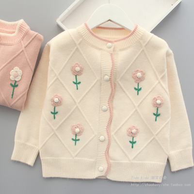 女童针织衫春秋花朵钩花毛衣外套