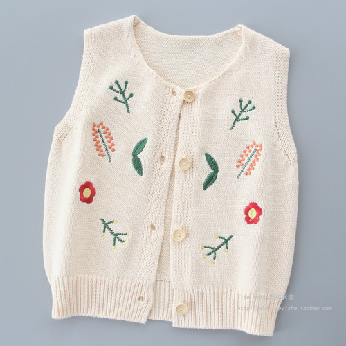 韩版春秋季女童纯棉刺绣针织马甲