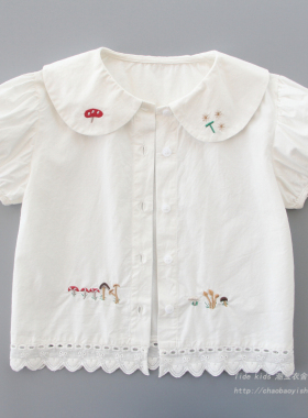 女童短袖衬衫2025夏季韩版儿童娃娃领上衣洋气泡泡袖女孩纯棉衬衣