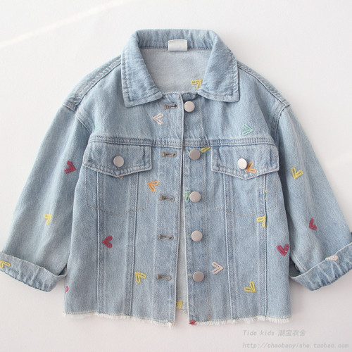 女童春秋装爱心刺绣水洗牛仔外套