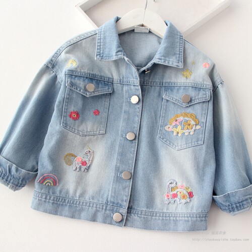 女童春秋装夹克上衣刺绣牛仔外套