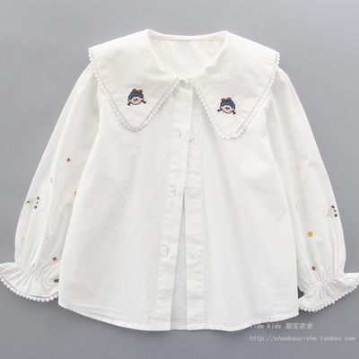 女童春秋纯棉娃娃领花边公主衬衫