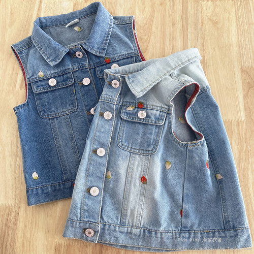 女童春装上衣小草莓刺绣牛仔马甲
