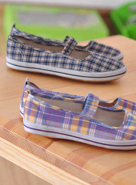 新款山东鲁泰牛筋软底格子布鞋单鞋松紧带女士轻便舒适酒店工作鞋