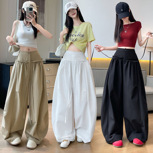 实拍2026夏季新款设计感木耳边弯刀裤慵懒休闲气球裤宽松阔腿裤女