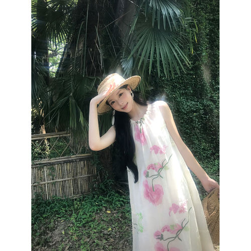 ICELOLLY新中式度假风苎麻碎花背心连衣裙女夏独特漂亮国风长裙子