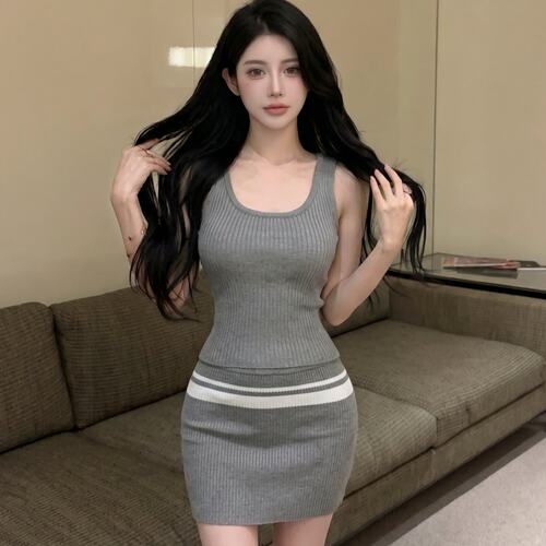 实拍 纯欲辣妹套装女夏绝美韩系穿搭灰色针织吊带背心包臀短裙子