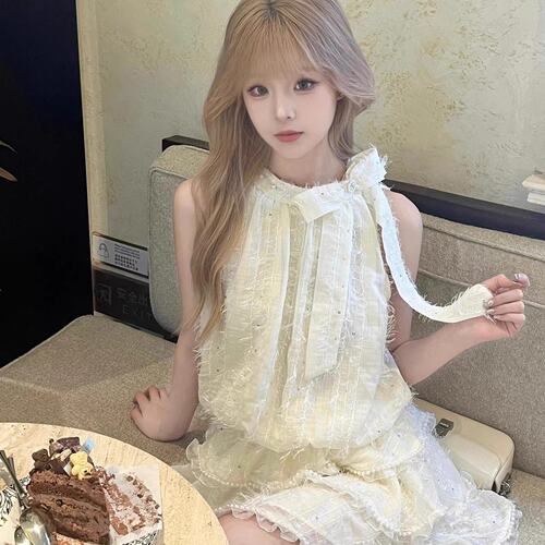 SISI酱 千金少女蛋糕裙女夏季设计感珍珠亮片蝴蝶结小个子蓬蓬裙
