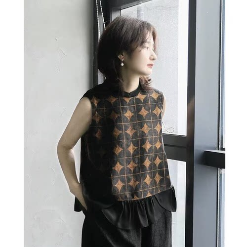 香云纱圆领印花上衣女年轻款2026夏新款桑蚕丝无袖背心