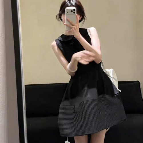 甜美娃娃领白色短袖连衣裙女夏蝴蝶结收腰花苞裙减龄小个子