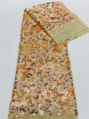 新品黄色蓝色网纱蕾丝面料重工拼色珠片刺绣DIY礼服亮片服装布料